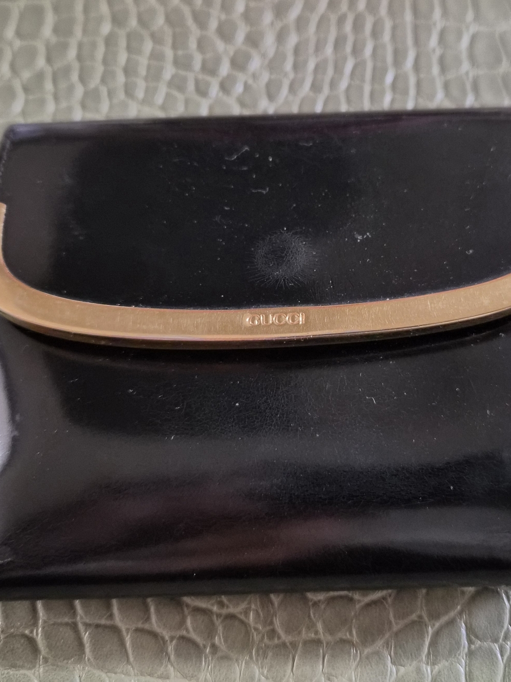 Gucci Vintage Black Patent Mini Wallet with Gold-Tone Bar
